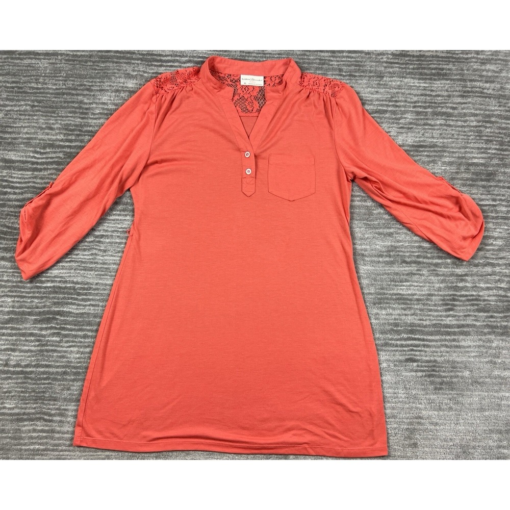 Bobbie Brooks Tunic Top Womens XL Coral Lace Yoke Henley 3/4 Roll Tab Sleeve